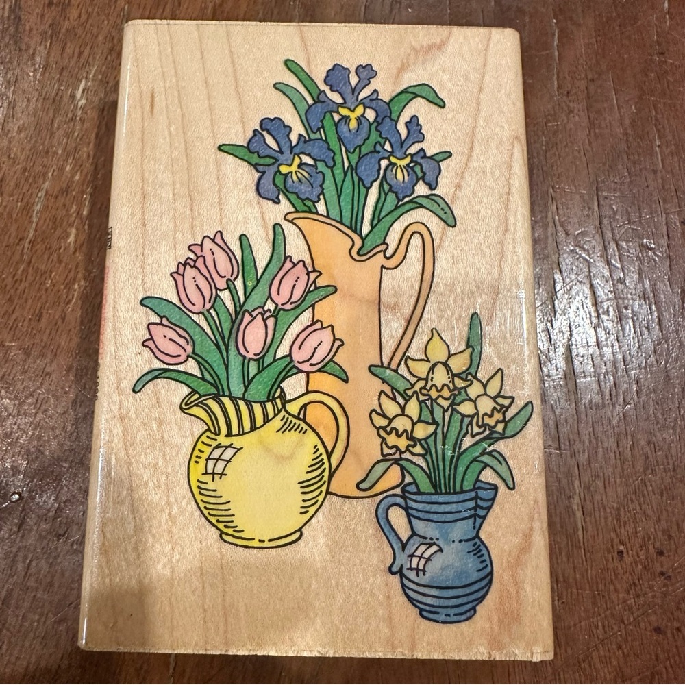 Vintage 1996 Stampendous Floral Wooden Stamp with Colorful Vases